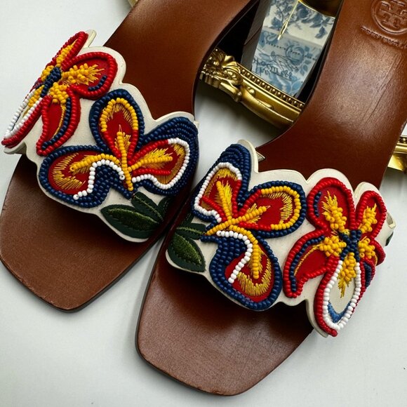 🆕 TORY BURCH 🧿 NWOT Bianca Floral Bead Embellished Slide Sandal - Ivory Multi - Picture 12 of 16
